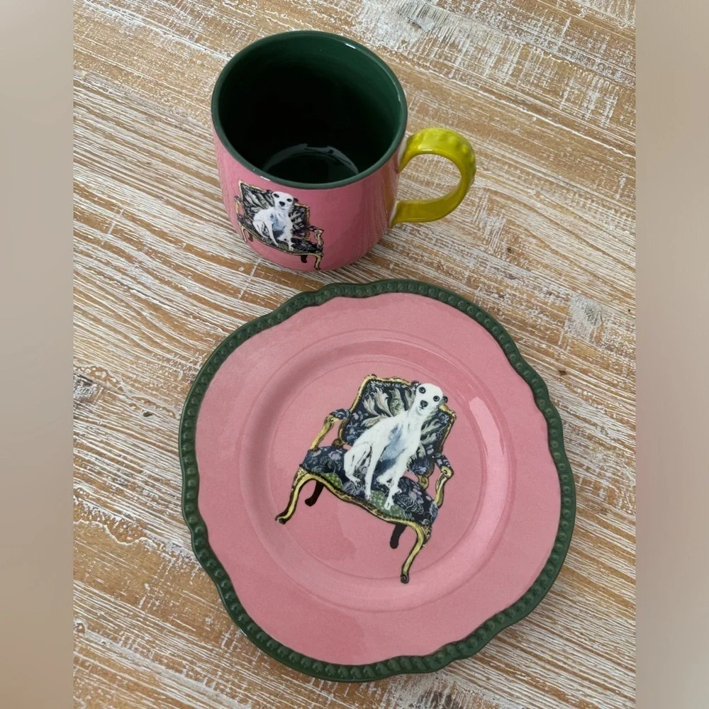 Anthropologie Pink & Green Dog Motif Dinnerware Plate